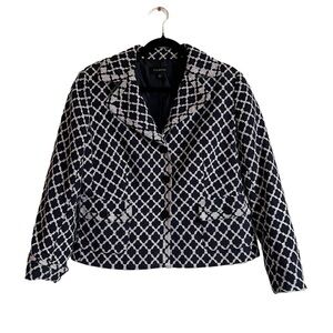 TALBOTS Size 10/12 Womens Navy blue white pattern blazer. Like New.